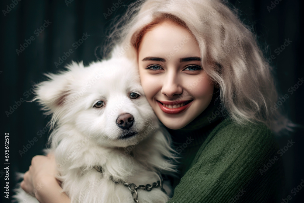 Woman hugging and holding a dog . Generative AI. Woman hugging and holding a dog . Generative AI.
