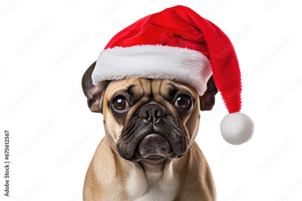 cute dog wearing santa hat on isolated white background, AI Generated