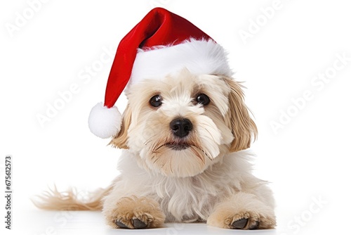 cute dog wearing santa hat on isolated white background, AI Generated