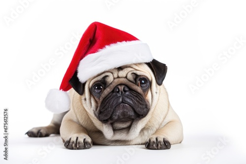 cute dog wearing santa hat on isolated white background, AI Generated © Phichitpon