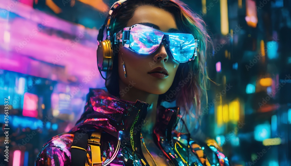サイバーパンク、仮想空間に没入する女性、データ、ネットワーク、ソーシャルメディア背景|Cyberpunk, woman immersed in virtual space, data, network, social media background. Generative AI サイバーパンク、仮想空間に没入する女性、データ、ネットワーク、ソーシャルメディア背景|Cyberpunk, woman immersed in virtual space, data, network, social media background. Generative AI