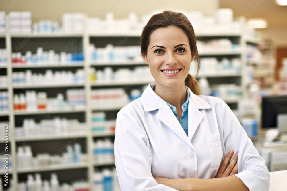Pharmacy, attractive beautiful attendant posing looking at the camera