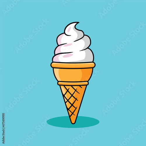 Illustration flat design vector cartoon vanilla ice cream cone isolated on blue background ; sweet taste dessert