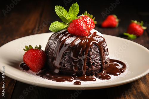 The close up detail of a delicious chocolate lava cake topped with fresh strawberry, spring mint leaves, thick chocolate sauce, and pure icing on a ceramic plate isolated on the table. Generative AI.
