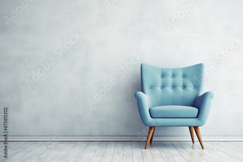 3D illustration of the interior of the living room little worn with gray chairs on the white wall. © Komkit