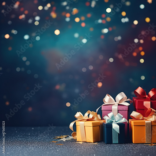 Christmas decorations with colorful or pastel gift boxes with beautiful bokeh backdrops.