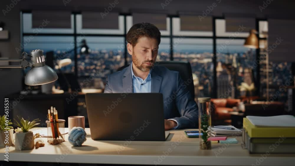 Thoughtful boss checking phone notification night cabinet closeup. Focused man Thoughtful boss checking phone notification night cabinet closeup. Focused man