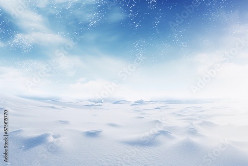Christmas snow background with sparkles and lights. New Year holiday. Abstract snowy nature background. Banner