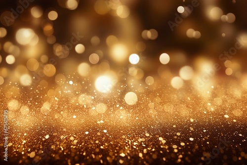 Christmas golden background with lights, bokeh and sparks. Golden holiday New Year. Abstract background, wallpaper. Banner with blurry bokeh and small shiny sprinkles. © aljna