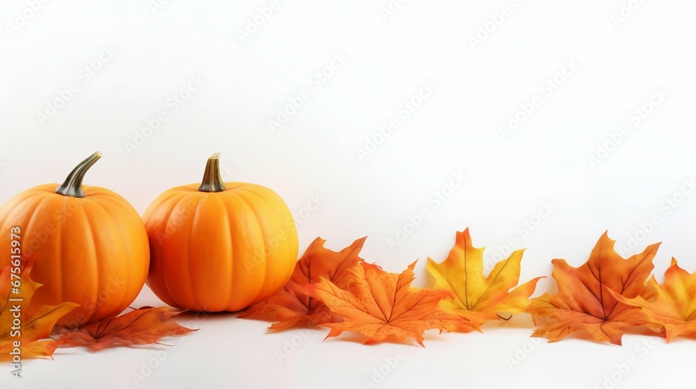 Autumn Display: Orange Pumpkins and Leaves on Light Surface. Generative ai