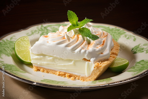 The close up detail of a cut key lime tart cake dessert topped with spring mint leaves and decorated with sliced fresh lime served on ceramic plates at a dinner table. Generative AI.