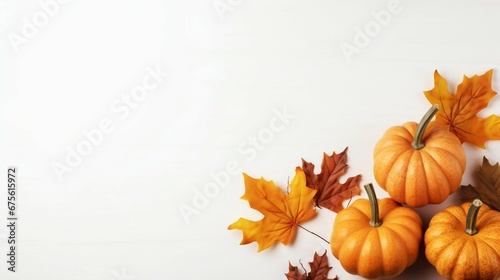 Autumn Display: Orange Pumpkins and Leaves on Light Surface. Generative ai