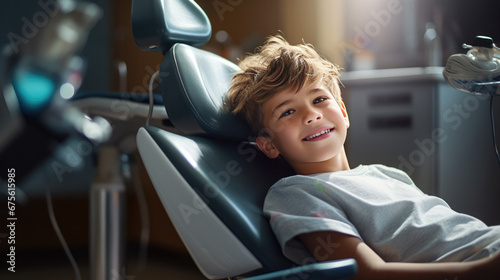 A cute brave smiling child is sitting in a dental chair . World Dentist and Dental Hygiene Day photo