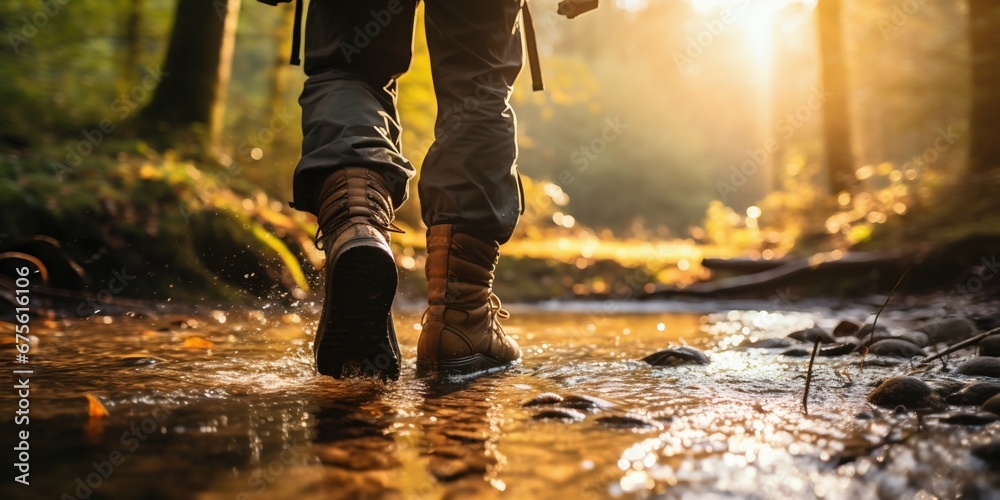Forest Adventure: Hiker at Dawn by a Stream. Generative ai Forest Adventure: Hiker at Dawn by a Stream. Generative ai