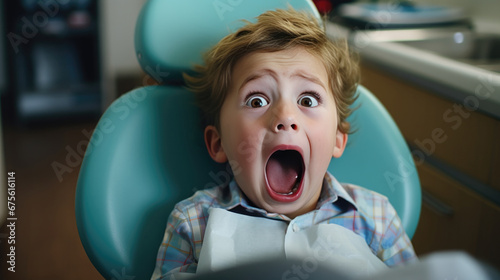 A frightened kid, looking with horror, sits open-mouthed in dentist's chair. Children's Fear of doctors.
