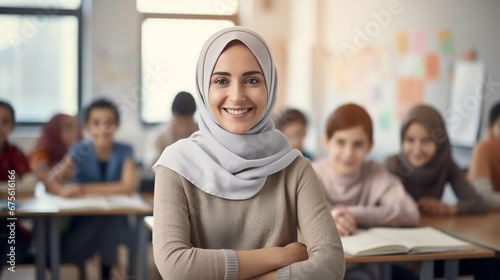 Muslim Female Teacher Smiling in Classroom Setting. Generative ai