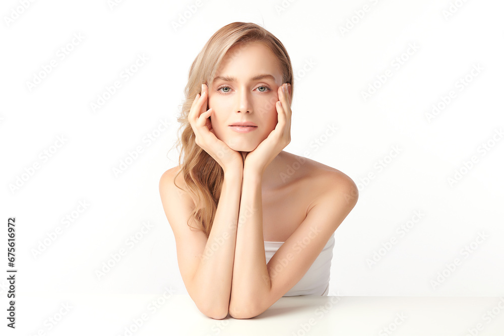 Beautiful young woman with clean fresh skin on white background, Face care, Facial treatment, Cosmetology, beauty and spa, women portrait. Beautiful young woman with clean fresh skin on white background, Face care, Facial treatment, Cosmetology, beauty and spa, women portrait.