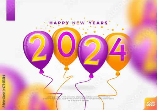 happy new year 2024 with colorful balloons.