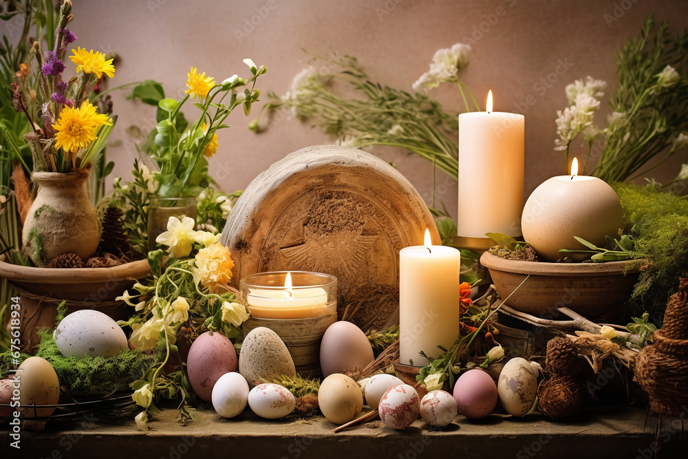 Imbolc holiday, spring equinox. Wiccan altar for Imbolc sabbat. pagan festive ritual. Brigid's cross amulet, candles, wheel of the year on wooden table. - obrazy, fototapety, plakaty 