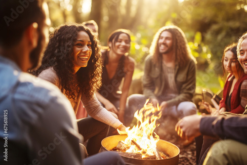 People coming together for a Spring Equinox celebration  gathered around a bonfire