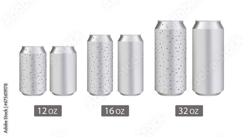 Realistic standard and long aluminium cans with water drops. Vector silver cans of cold beverages, soft drink and energy drinks. Realistic vector aluminium cans with condensation droplets. Vector.