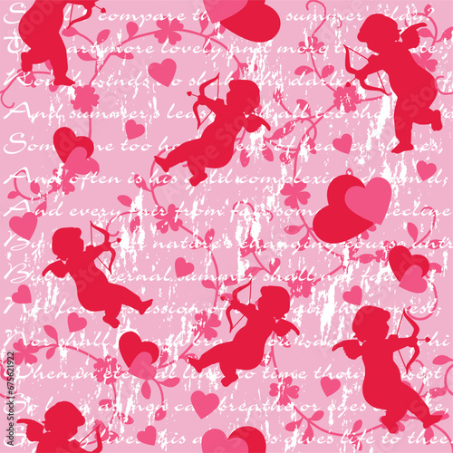 Seamless Pattern of Valentine's Day, Cupid, Wordings with Heart Background - Valentines' Vector Design 