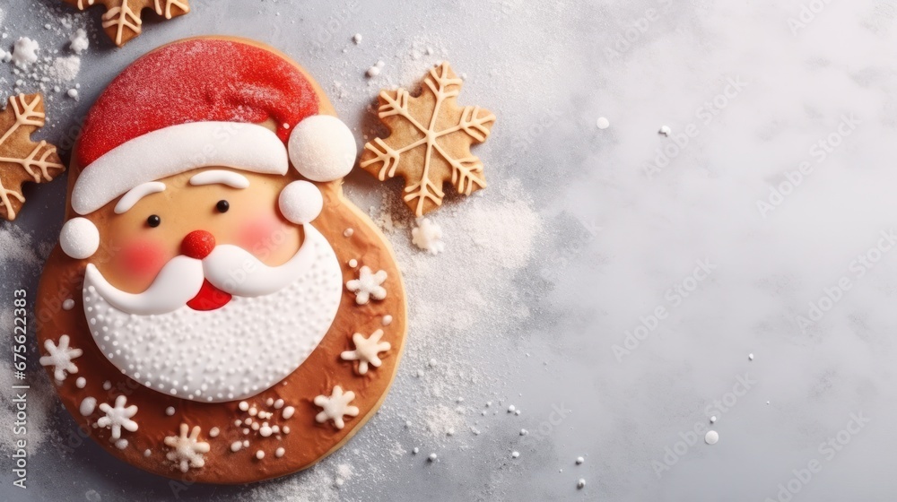 Fototapeta premium Gingerbread santa claus cookie xmas biscuit on concrete background. Mock up template, presentation. advertisement, banner, card. Copy text space. 