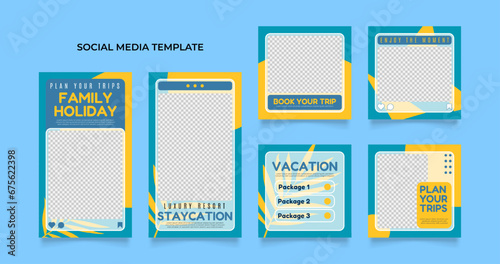 social media post template for travel holiday tourism marketing and sale promo. tour advertising. banner offer. promotional mockup photo vector frame illustration