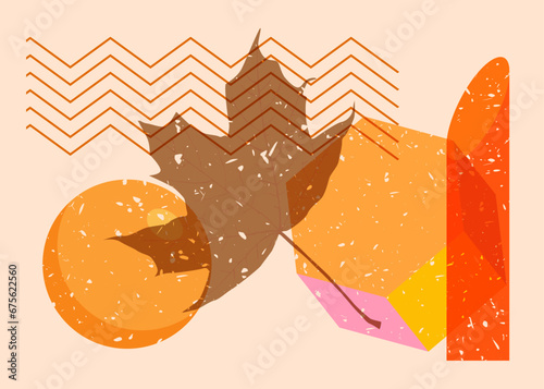 Risograph Autumn Leaf with geometric shapes. Objects in trendy riso graph print texture style design with geometry elements.
