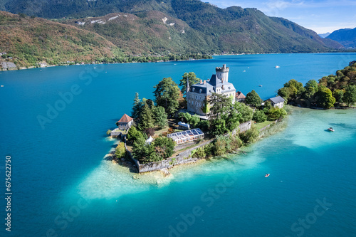 Fototapeta Naklejka Na Ścianę i Meble -  Aerial view of Duingt castle or Chateau de Duingt in Annecy lake, Haute Savoie, France