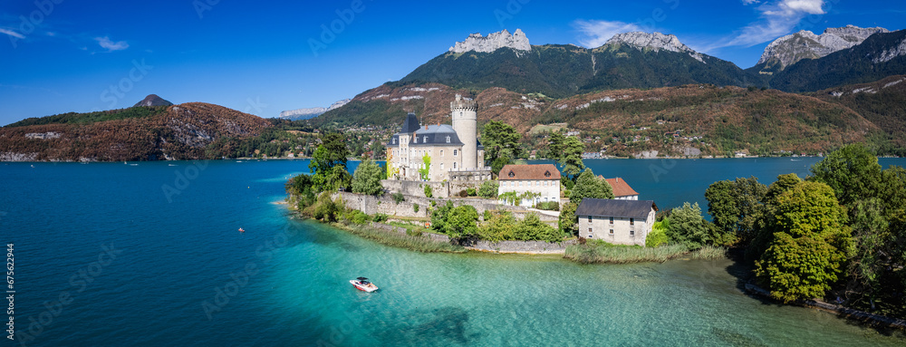 Aerial view of Duingt castle or Chateau de Duingt in Annecy lake, Haute Savoie, France