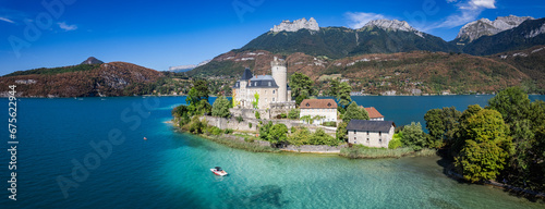 Aerial view of Duingt castle or Chateau de Duingt in Annecy lake, Haute Savoie, France photo