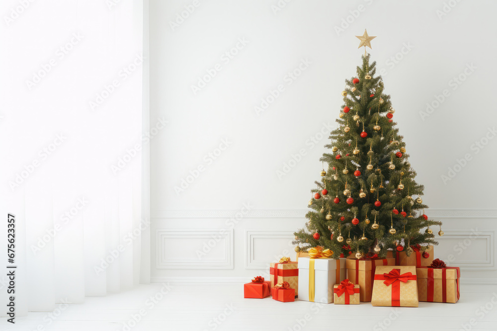 Cherished gifts Christmas tree adorned with a stack of presents. AI Generative touch captures the classic charm and seasonal love of this scene.