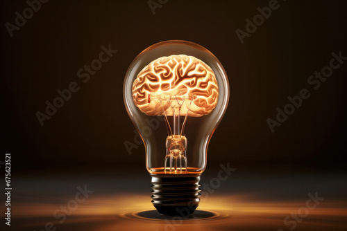 Bright ideas within A light bulb cradles a human brain, the epitome of creative thinking. AI Generative genius in the dark. photo