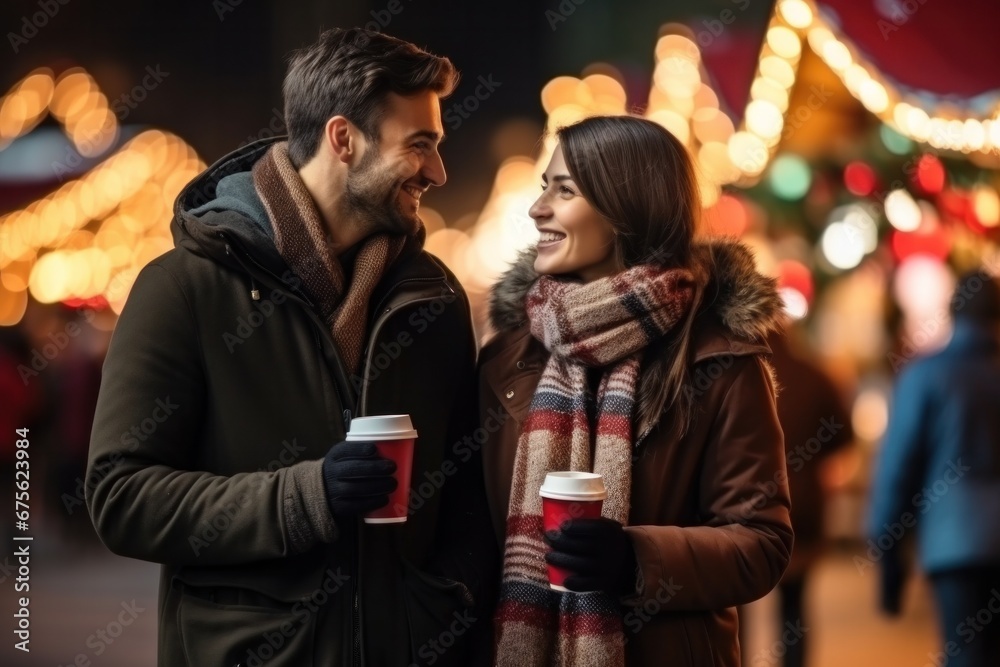 Smiling young couple with coffee mugs at Christmas market in winter Merry Christmas and Happy New Year.