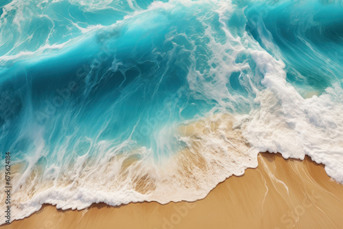 From the drone's eye, behold the top view of the beach and ocean waves, with transparent turquoise waters and a vibrant summer landscape. AI Generative.