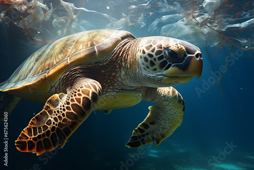 Plastic's deadly deception, A sea turtle near plastic debris in the ocean, illustrating the dangers of plastic pollution and the need for marine conservation. AI Generative. © Alisa