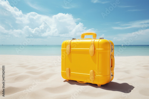 A journey unfolds  Yellow suitcase on a breathtaking beach  the essence of summer travel. It is AI Generative adventure.