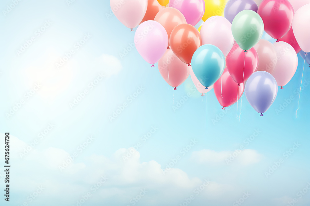 Bright and colorful balloons, captured in a closeup bunch, float cheerfully in the sky a perfect background for a joyous birthday celebration. AI Generative.