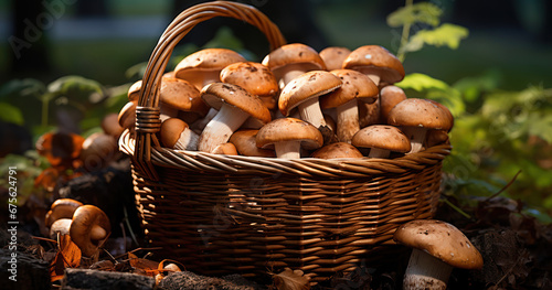Wild mushrooms nestled in a wicker basket