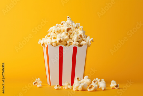 Iconic cinema treat: a classic red bucket filled with delicious, colorful popcorn. An isolated illustration representing the joy of entertainment. AI Generative.