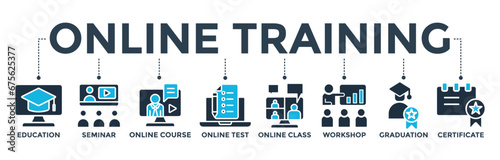 Online training banner web icon vector illustration concept with icon of education, seminar, online course, online test, online class, workshop, graduation, certification