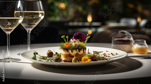 Food photography of fine dining food, five-star Michelin food, in a fancy restaurant. Generated AI