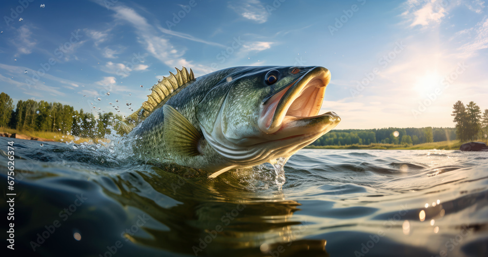 Bass succumbs to the successful catch - obrazy, fototapety, plakaty 