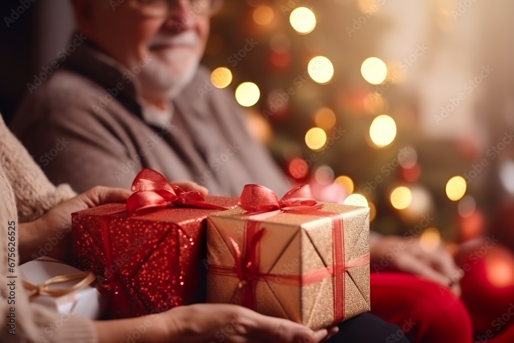 close-up happy beautiful old couple with Christmas gifts near Christmas tree at home, beautiful bokeh DOF