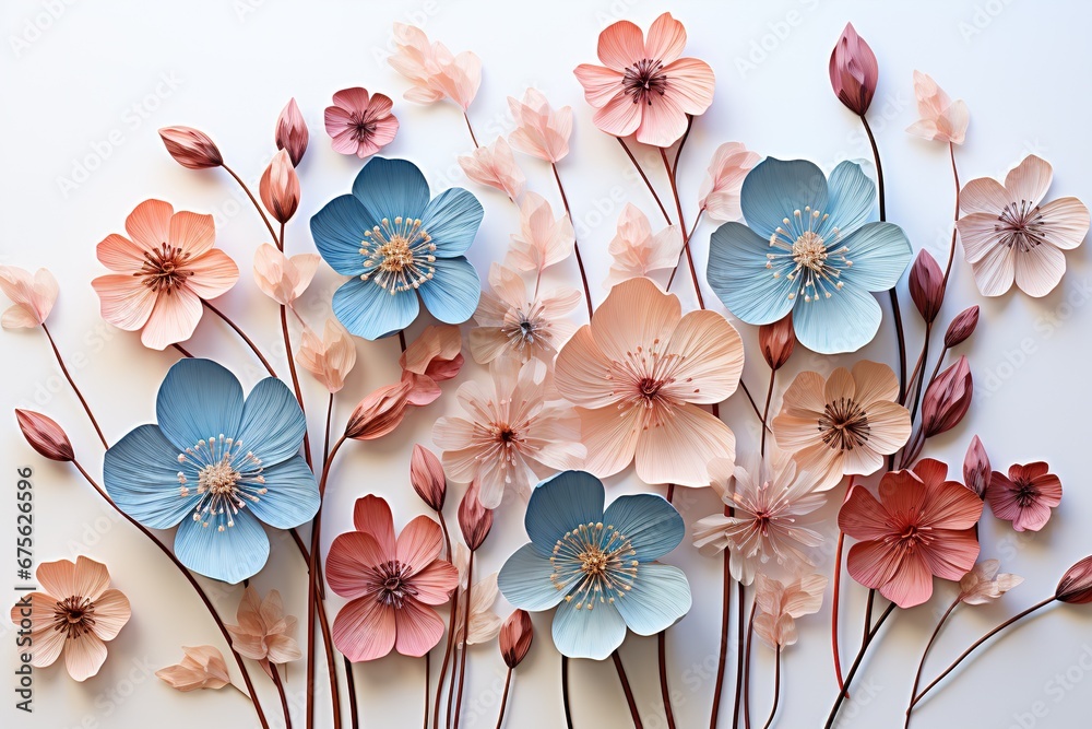 turquoise dainty soft pink pressed dried flowers in watercolor on a white background - obrazy, fototapety, plakaty 