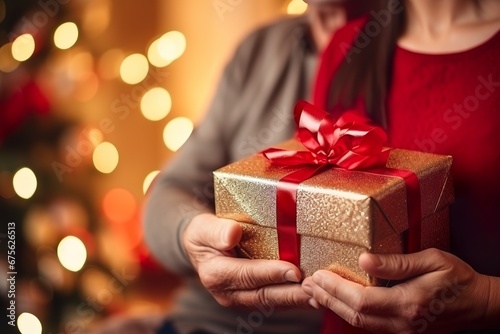 close-up happy beautiful old couple with Christmas gifts near Christmas tree at home, beautiful bokeh DOF