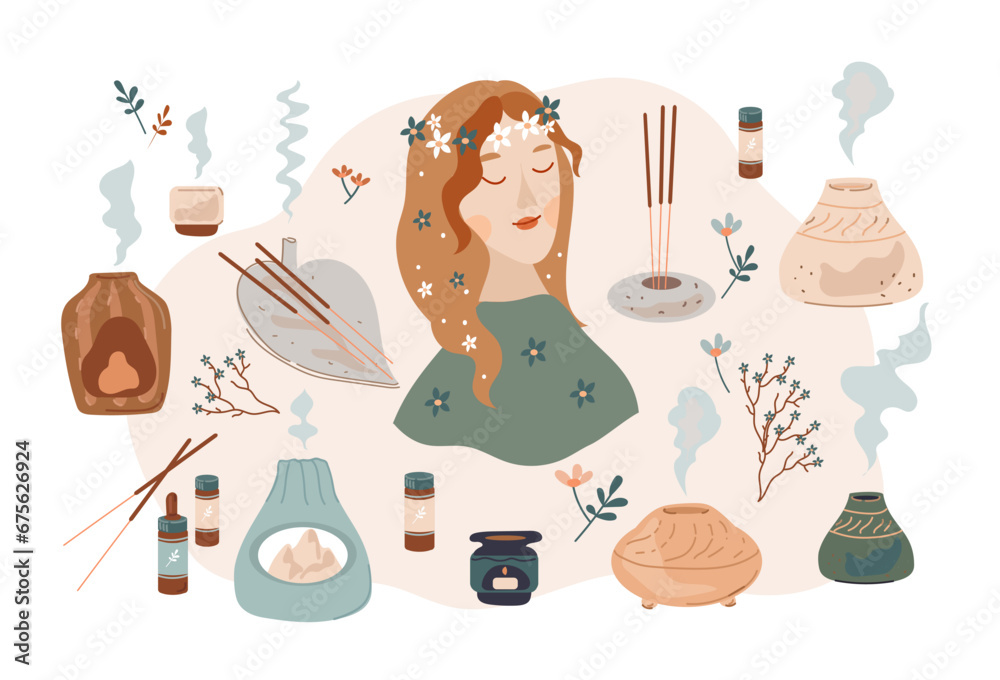 Aromatherapy woman. Home aromatherapy for relaxation, stress relief. Aroma lamps, candles and aromatherapy tools  doodle vector cartoon flat doodle set. - obrazy, fototapety, plakaty 
