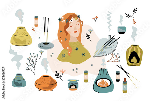 Aromatherapy woman. Home aromatherapy for relaxation, stress relief. Aroma lamps, candles and aromatherapy tools  doodle vector cartoon flat doodle set.