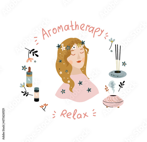 Aromatherapy woman. Home aromatherapy for relaxation, stress relief. Aroma lamps, candles and aromatherapy tools  doodle vector cartoon flat doodle set.